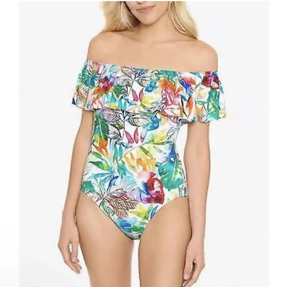 Ralph Lauren One Piece Swimsuit Off Shoulder Floral Blue Pink Print Sz 12 - Picture 2 of 16